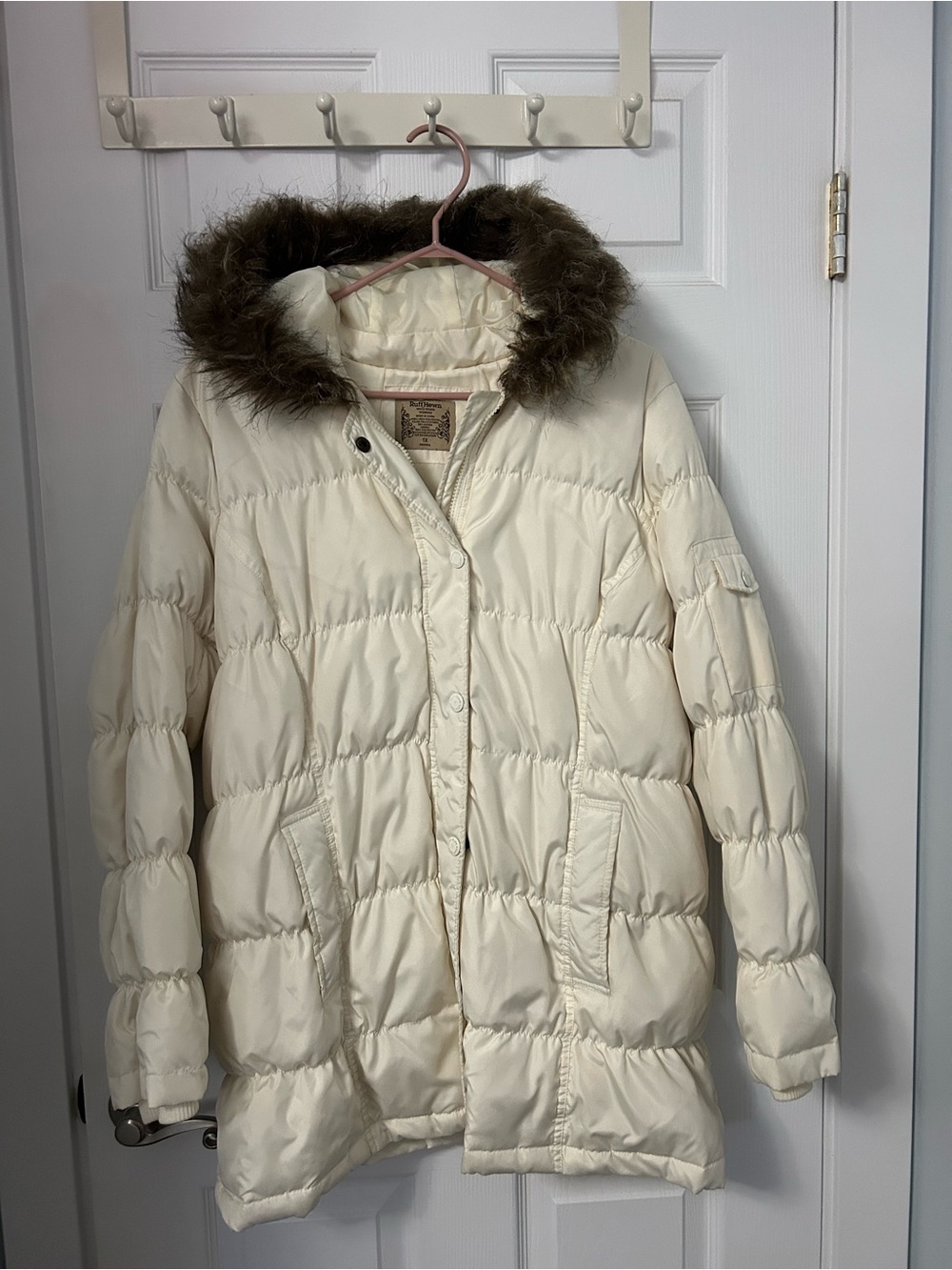 Ruff Hewn Ivory Puffer Coat with Faux Fur Hood